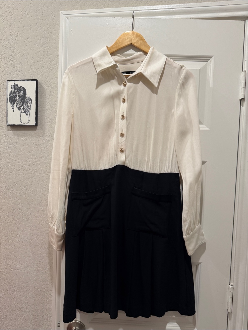 J. Crew Two-Tone Long Sleeve Shirt Dress in Cream and Black